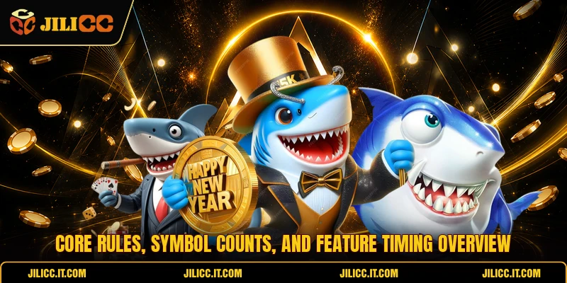 Core rules, symbol counts, and feature timing overview