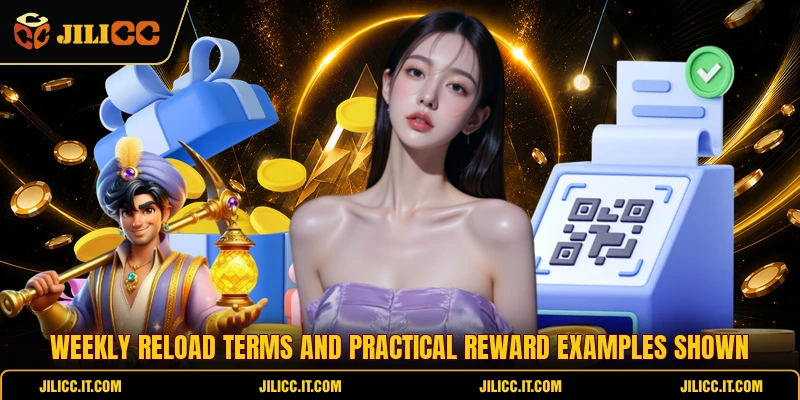 Weekly reload terms and practical reward examples shown